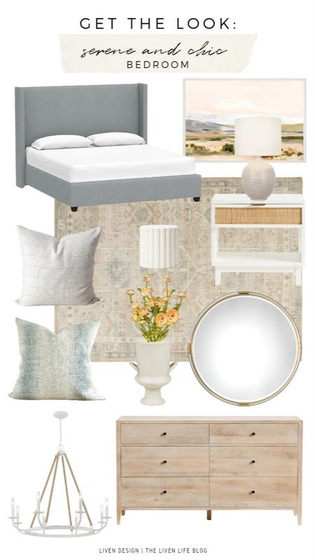 Bedroom decor. Upholstered bed. Cane and white nightstand. Dresser. Landscape art. Throw pillows. Marble box. Distressed traditional persian rug. Round mirror. Ceramic lamp. 

#LTKSeasonal #LTKHome #LTKStyleTip