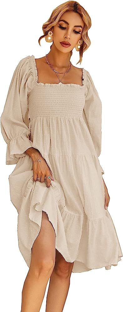 R.Vivimos Women's Summer Cotton Plaid Puff Sleeves Bow Casual Off-Shoulder Boho Midi Dress | Amazon (US)