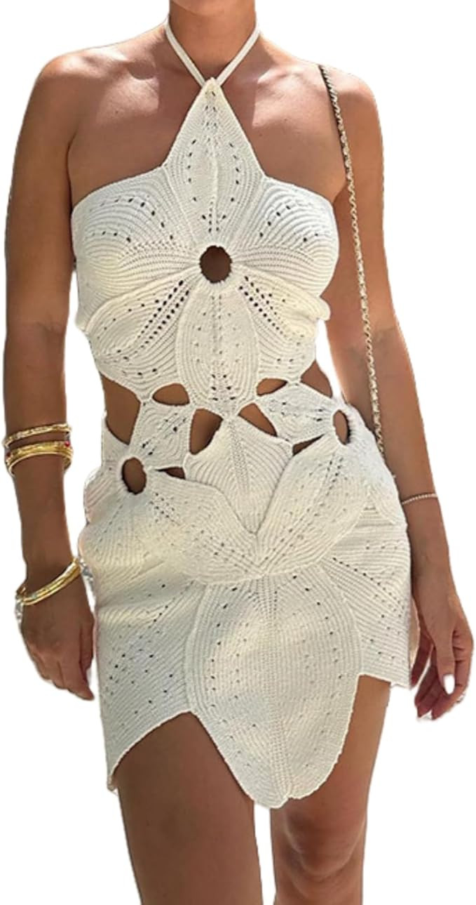 NIFTRIRY Womens Dresses White Dress Sleeveless Halter Neck Crochet Dresses for Women Vacation Bea... | Amazon (US)