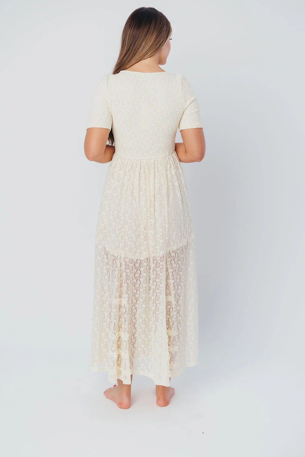 Calliope Dropped Waist Maxi Dress with Smocking & Lace in Ivory | Worth Collective