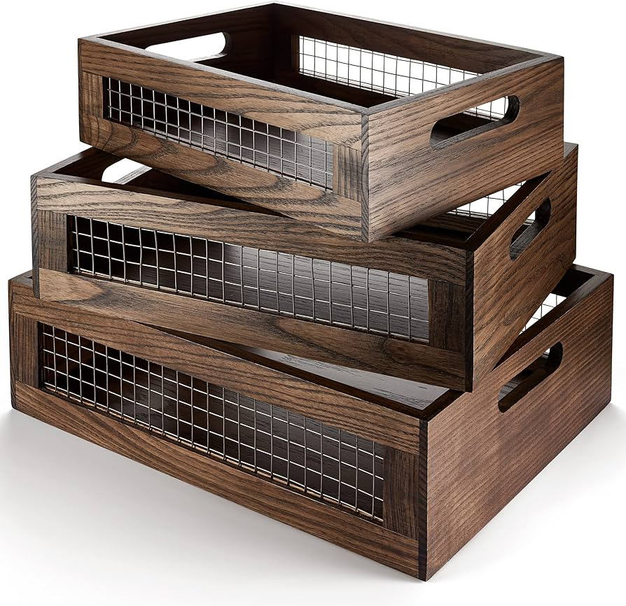Set of 3 Extra Large Wooden Nesting Countertop Baskets, Rustic Wood Storage Organizer for Kitchen... | Amazon (US)