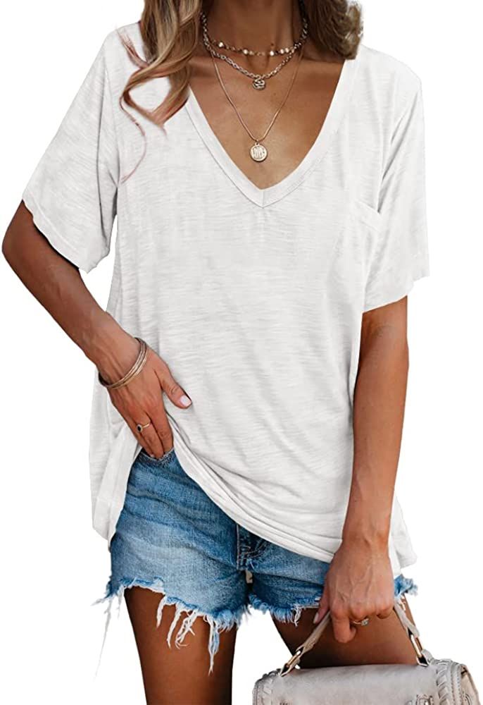 imesrun Womens V Neck Tshirts Short Sleeve Loose Casual Summer Tops with Pocket | Amazon (US)