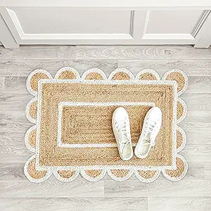 Scalloped Natural Jute Area Rug, Natural Base Off White Trim, 2x3 | Amazon (US)