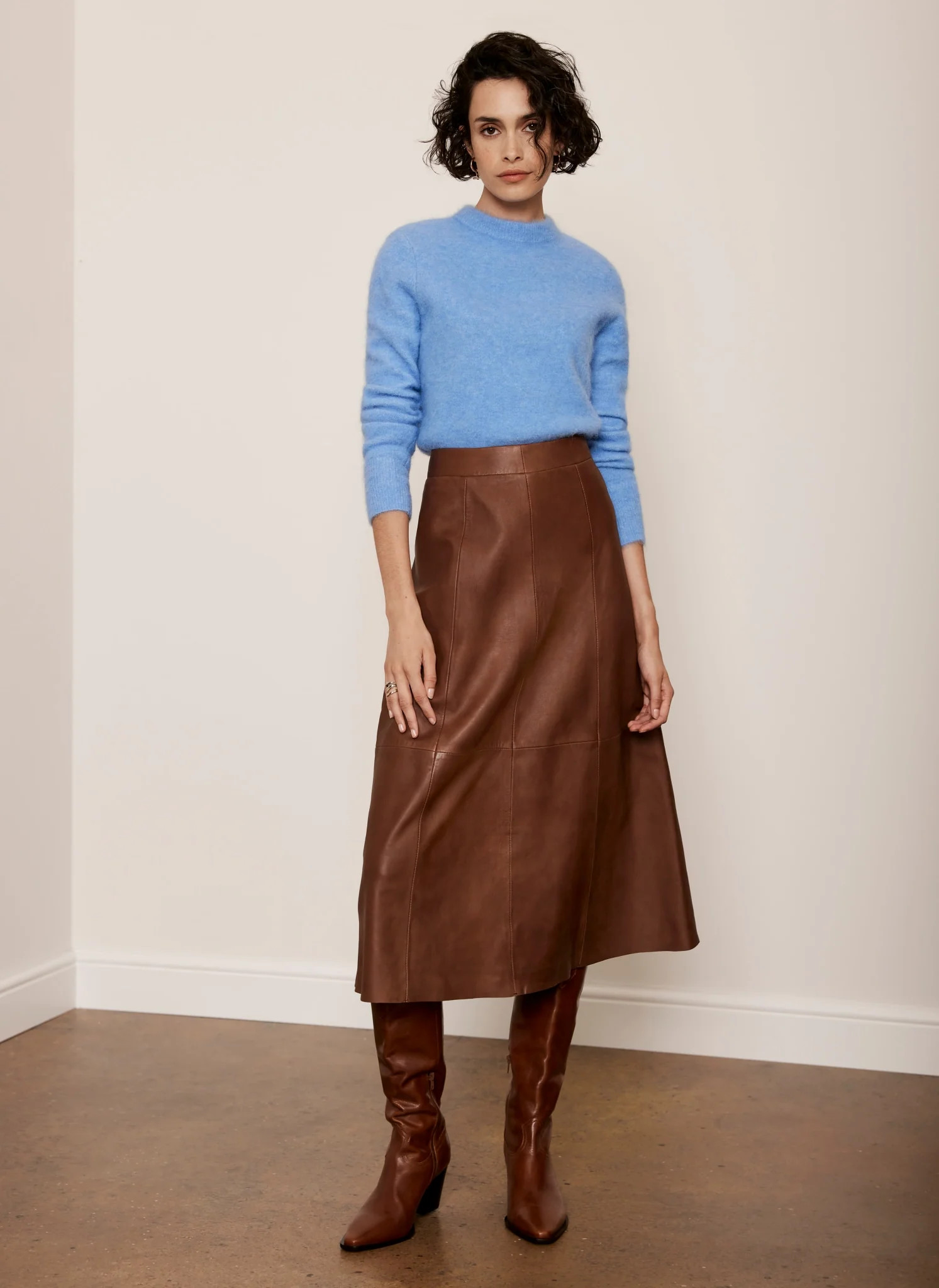 Tan Leather A-Line Midi Skirt | Mint Velvet