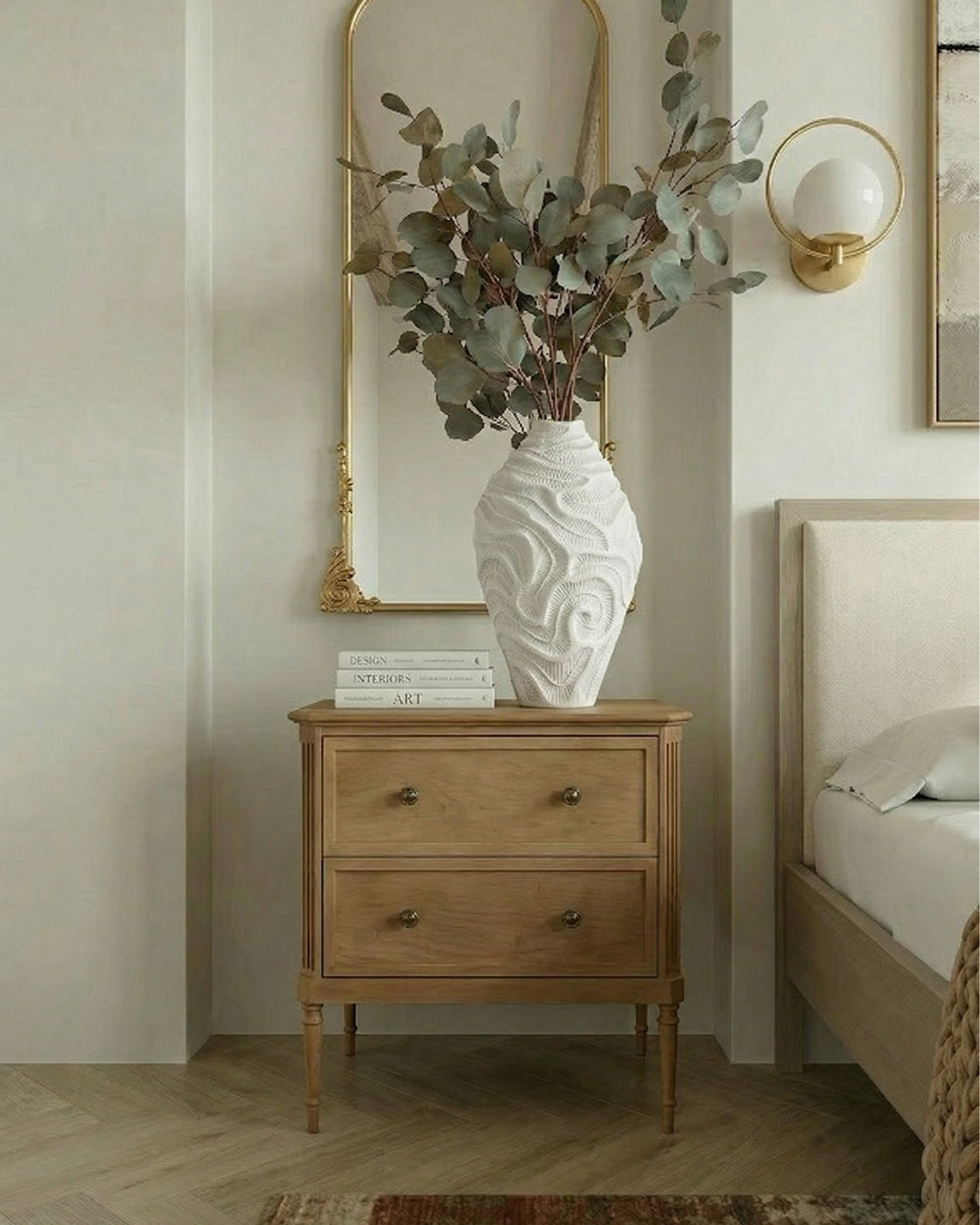 Light wood nightstands, upholstered cream bed frame, boucle end-of-bed bench, beige textured throw blanket, neutral patterned accent pillows, white and taupe bedding set, abstract neutral wall art, gold wall sconces, arched wall niches, gold framed mirrors, ceramic table lamp with white shade, matte white decorative vase, eucalyptus stems, light wood dresser, brass floor lamp, textured area rug in muted terracotta and blue tones, round fluted wood coffee table, boucle accent chair, small marble side table, stacked coffee table books, ceramic decor accents, wood ceiling beams, herringbone light oak flooring
Modern traditional bedroom, neutral color palette, organic modern decor, cozy minimalist bedroom, high-end bedroom styling, warm earthy tones, designer bedroom inspiration, symmetrical bedroom layout, soft luxury aesthetic, calming bedroom ideas#LTKSaleAlert

#LTKsale #LTKhome