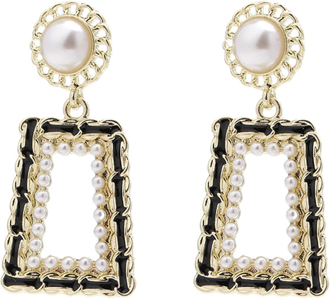 Coadipress Geometric Square Drop Dangle Earring for Women - Retro Gold Black Bohemian Pearl Earri... | Amazon (US)