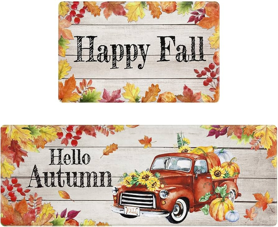 SHACOS Fall Kitchen Rugs 2Pcs Anti Fatigue Pumpkin Truck Cushioned Kitchen Mats Non Slip Rug Happ... | Amazon (US)