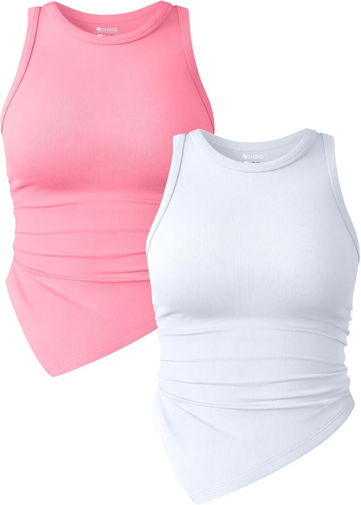 OQQ Women's 2 Piece Tank Tops Ruched Crew Neck Sleeveless Basic Stretch Tee Shirts | Amazon (US)