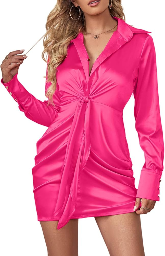 LYANER Women's Leopard Satin Deep Collar V Neck Tie Front Long Sleeve Mini Party Dress | Amazon (US)