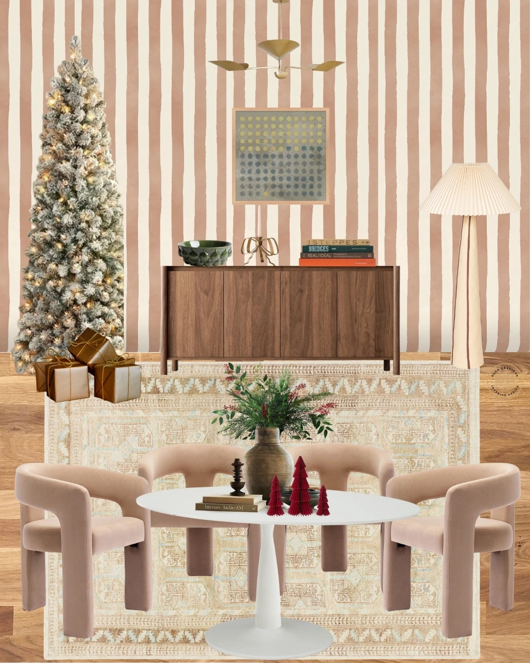 Gorgeous dining room design! Affordable dining room from Wayfair! Striped wallpaper, neutral rug and a beautiful chandelier from West Elm, Christmas tree and abstract art. #diningroom #christmasdecor #moodboard

#LTKSeasonal #LTKHome #LTKHoliday