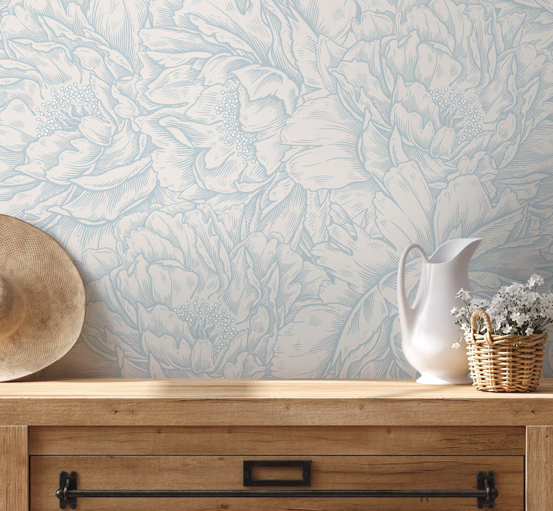 Light Blue Peony Wallpaper / Peel and Stick Wallpaper Removable Wallpaper Home Decor Wall Art Wal... | Etsy (US)
