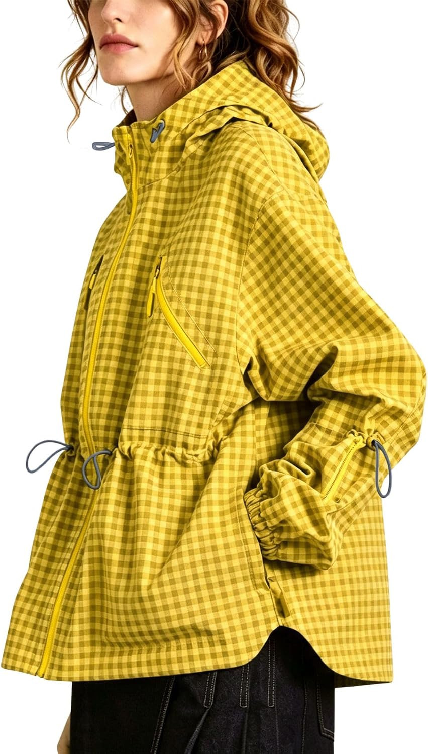 Womens Plaid Hooded Jacket Windproof Drawstring Waist Windbreaker | Amazon (US)