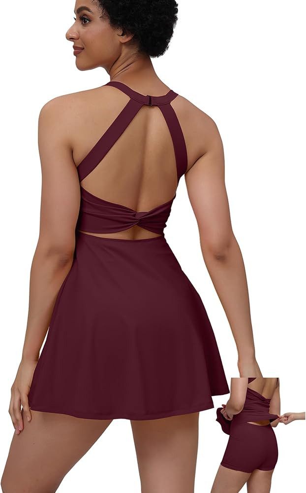 Womens Tennis Workout Dress with Easy Bathroom Shorts Romper Cut Out Twisted Athletic Dresses for... | Amazon (US)
