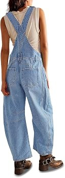 PLNOTME Womens Denim Bib Overalls Barrel Leg Adjustable Strap Jean Pants Jumpsuits with Pockets | Amazon (US)