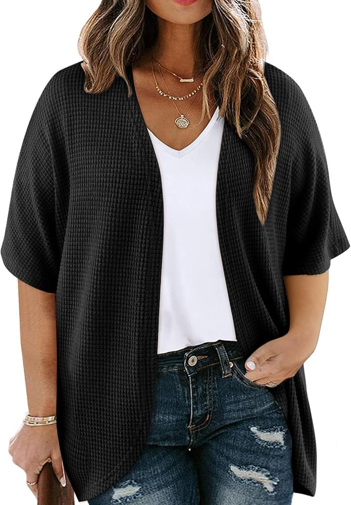 Eytino Womens Plus Size Cardigan Casual Short Sleeve Waffle Knit Kimono Open Front Tops(1X-5X) | Amazon (US)