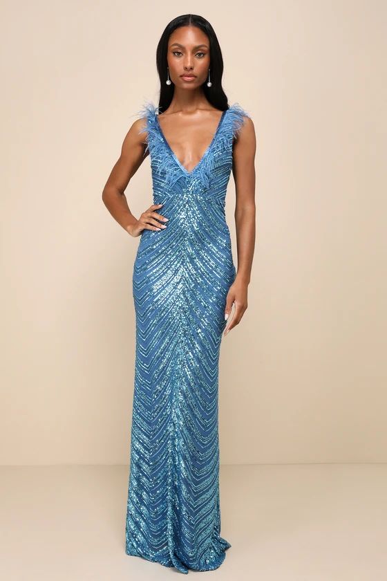 Luminous Muse Blue Sequin Feather Backless Mermaid Maxi Dress | Lulus