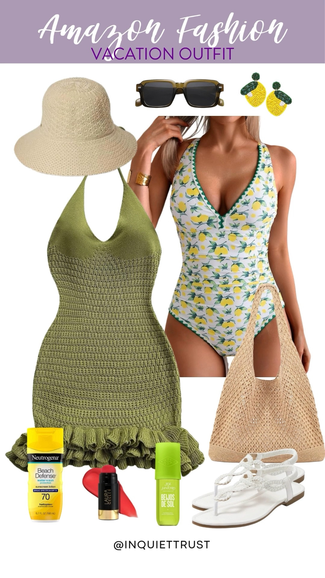 Dreaming of warm breezes and sandy toes? This vacation outfit has all the essentials for your next escape! From the cutest olive green cover-up and lemon printed one-piece swimsuit combo to the perfect sunnies and beachy accessories, you'll be set for lounging by the pool or strolling along the shore. 
#amazonfashion #resortwear #beachoutfit #vacationvibes

#LTKSeasonal #LTKStyleTip #LTKSwim