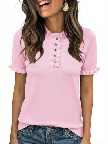 Cicy Bell Womens Puff Short Sleeve Sweater Tops Ruffle Henley Neck Spring Summer Pullover Dressy Casual Knit Shirts Pink | Amazon (US)