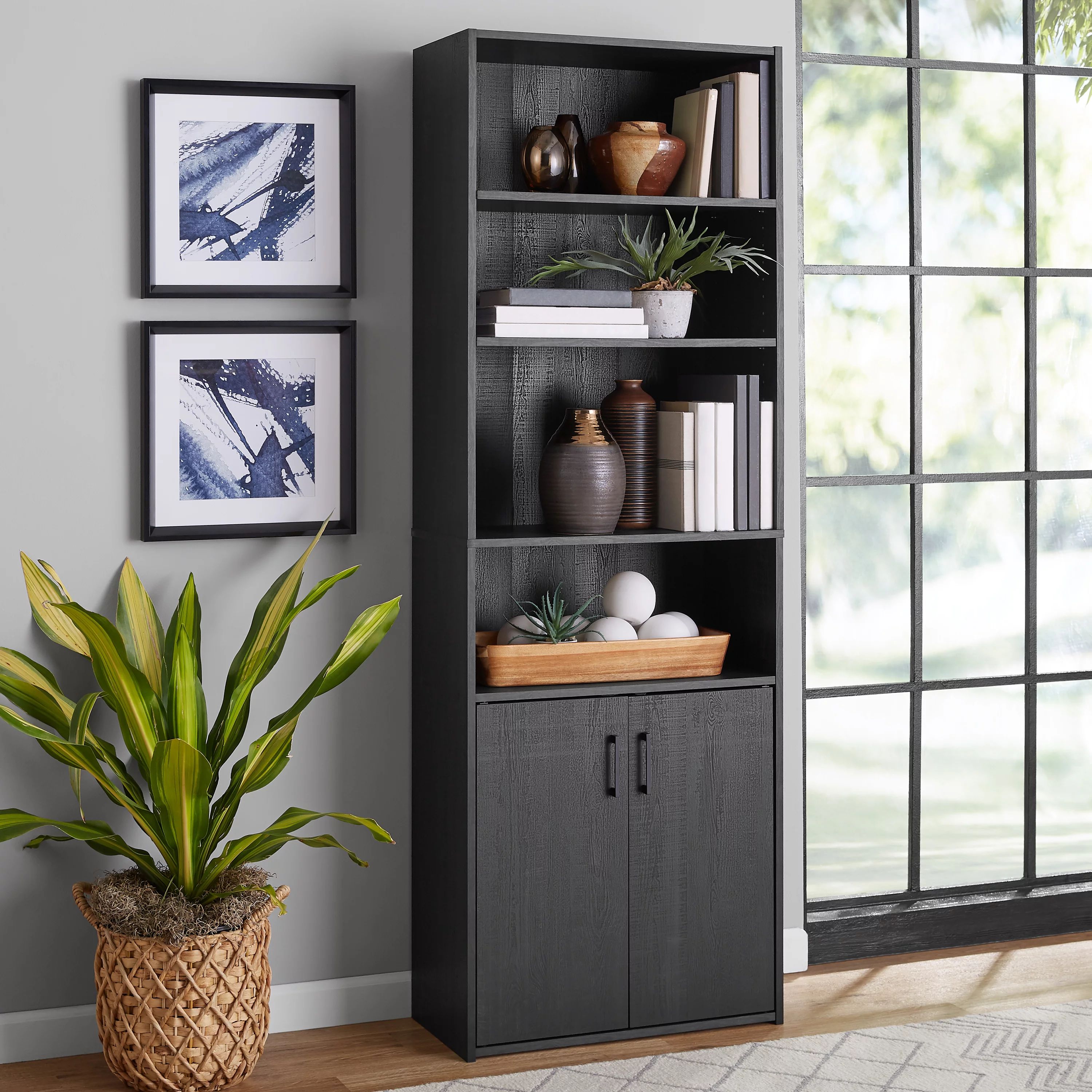 Mainstays Traditional 5 Shelf Bookcase With Doors, Black | Walmart (US)