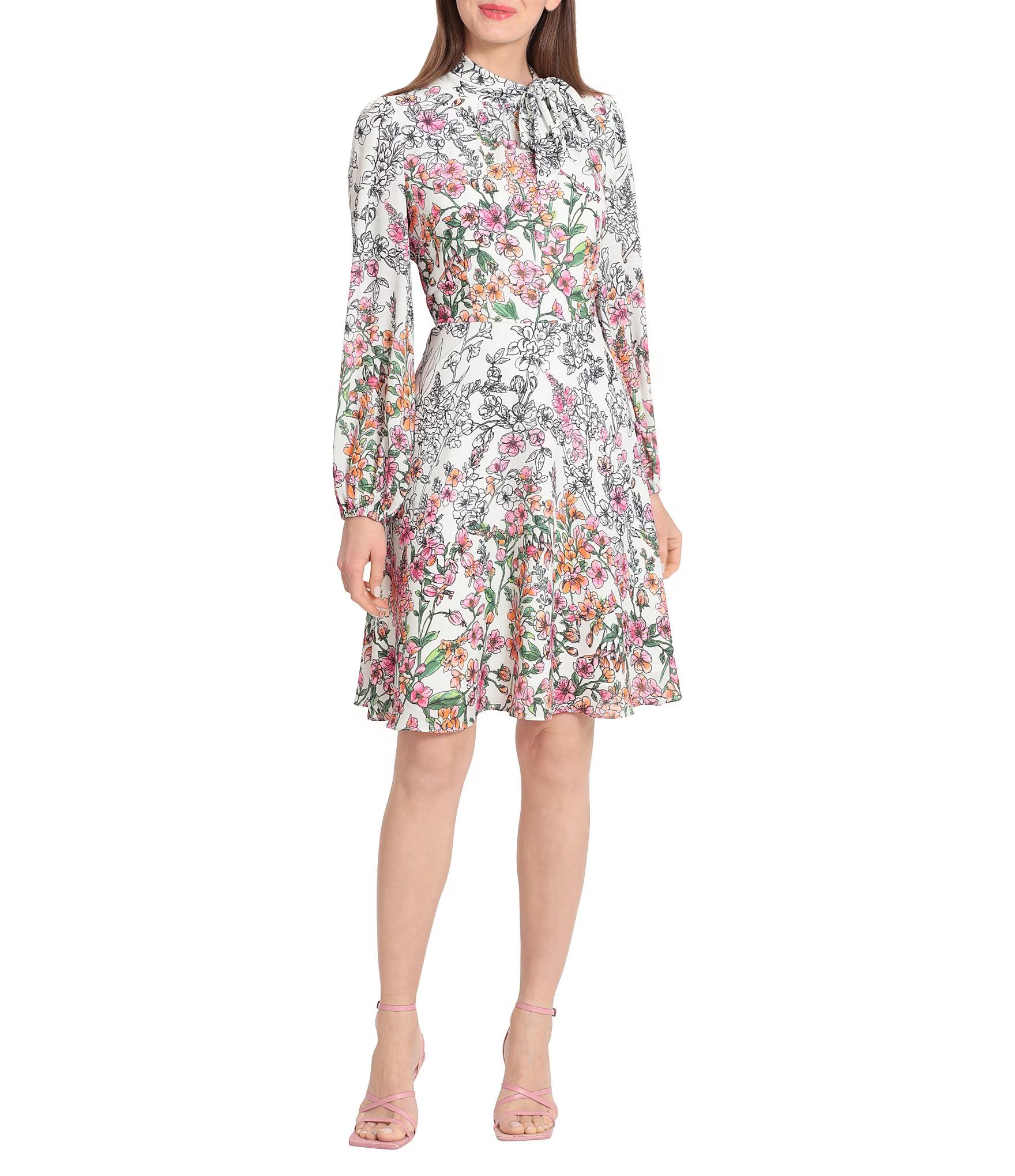 Floral Print Tie Neck Long Sleeve A-Line Mini Dress | Dillard's