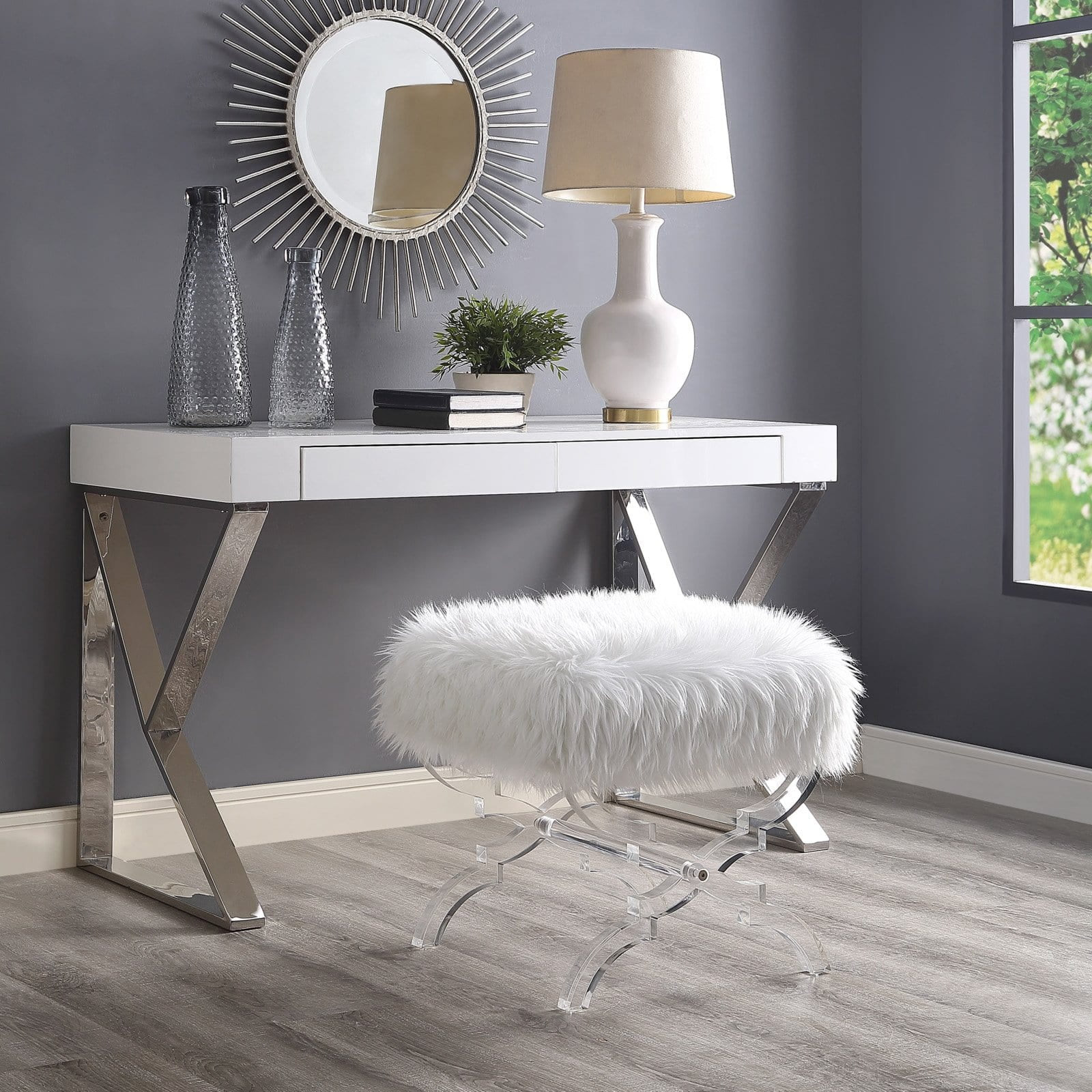 Inspired Home Melody Faux Fur and Acrylic Ottoman Stool | Walmart (US)