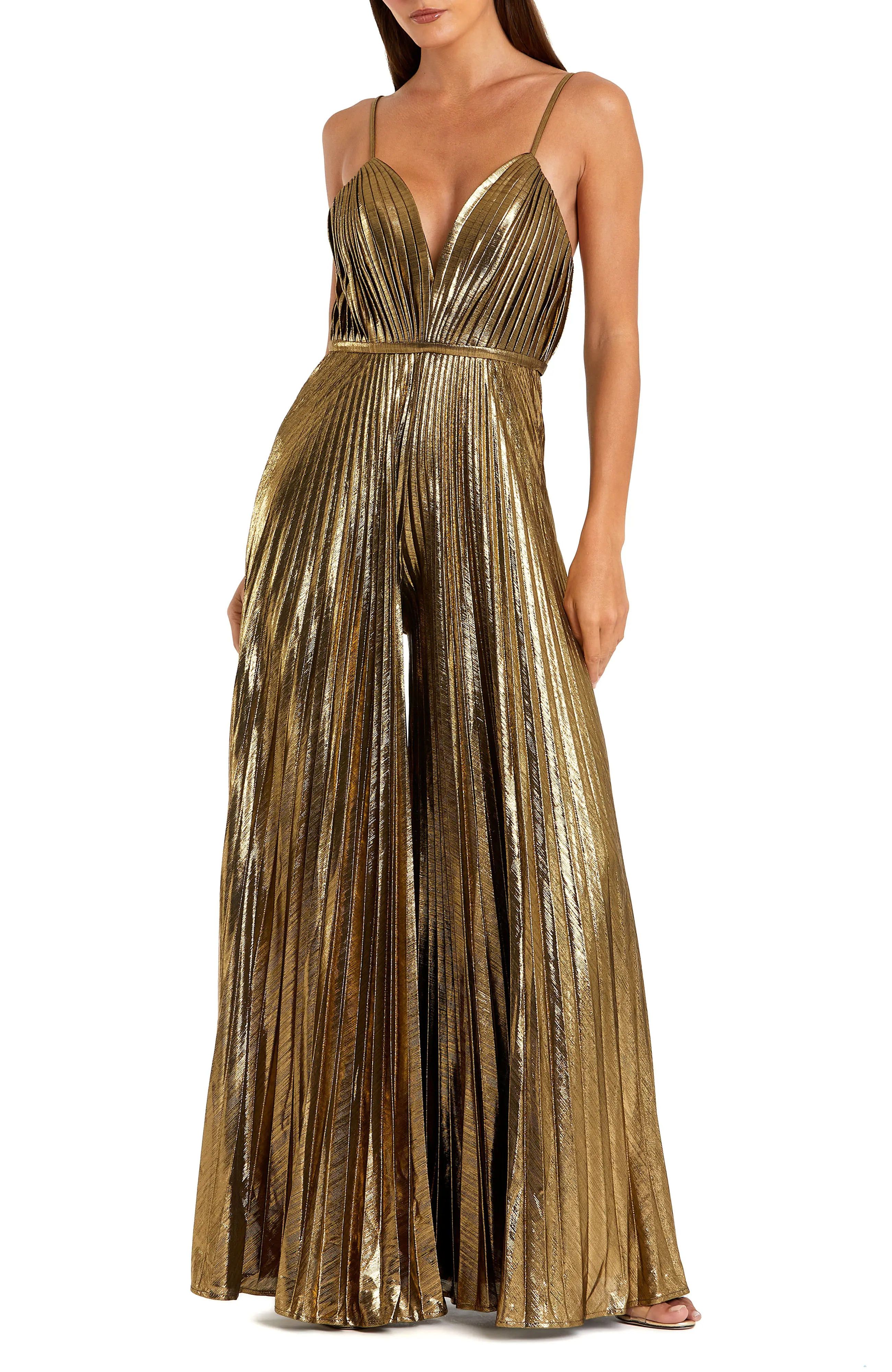 Mac Duggal Petite Metallic Pleated Wide-Leg V-Neck Jumpsuit (Women) | Nordstrom | Nordstrom