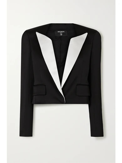 Balmain - Cropped Two-tone Duchesse-satin Blazer - Black | NET-A-PORTER (US)