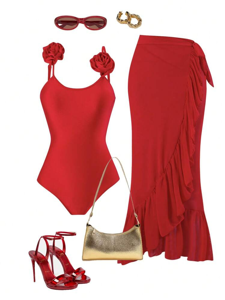 Swim Oasis 2pcs/Set Women's New Summer Asymmetric Red Floral One Piece Swimsuit & High-End Ruffle Trim Skirt Beach Festival Boho Vacation Outfit | SHEIN