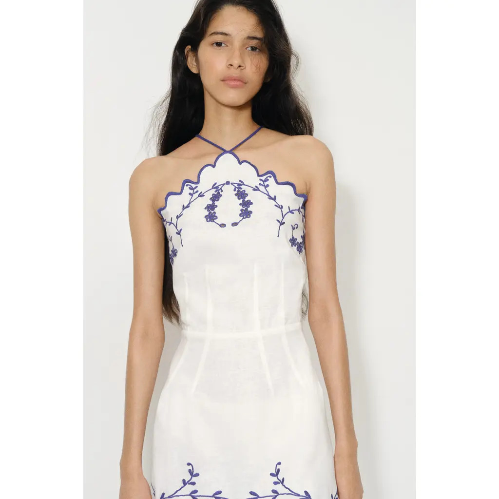 H&M Embroidered Linen-blend Dress in White/flowers at Nordstrom, Size Medium | Nordstrom