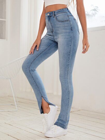 High Waist Slit Hem Skinny Jeans | SHEIN