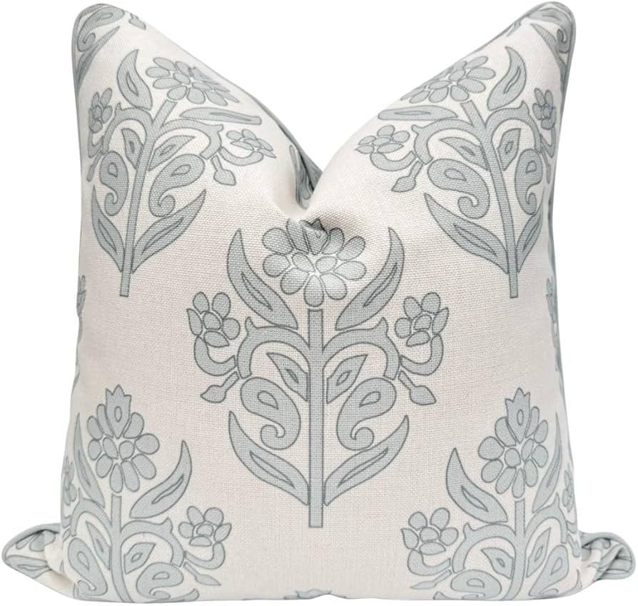 “The Naples” Floral Block Print Pillow Cover – Grey and White Blue Decorative Throw Pillow ... | Amazon (US)