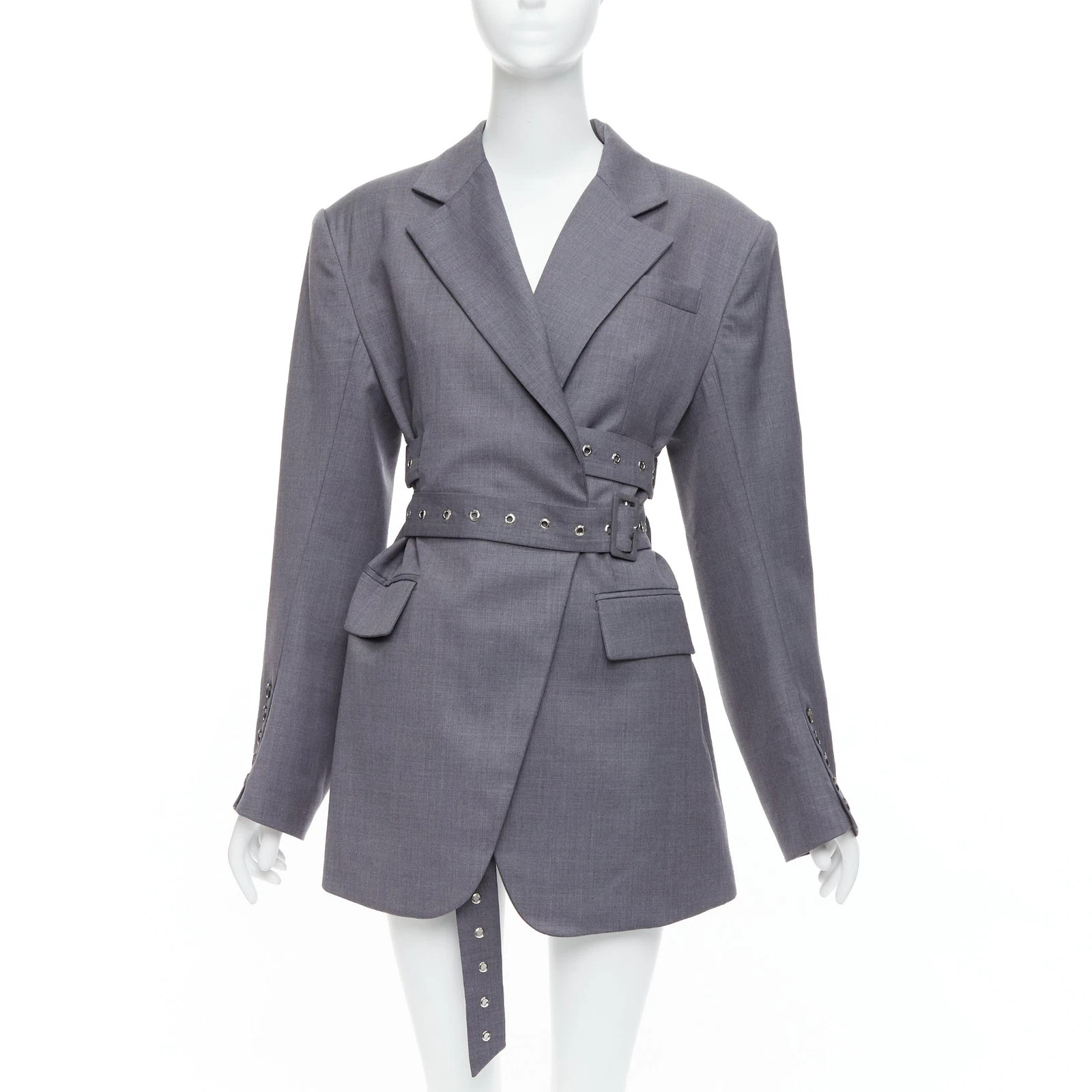 ROHK grey wool blend grommet double belted shoulder pad blazer FR36 S | eBay US