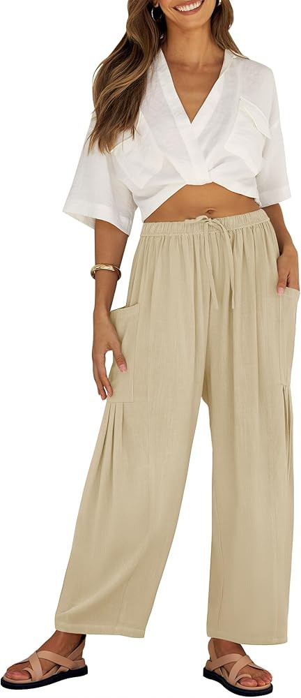 ZESICA Women's Linen Wide Leg Pants High Waist Drawstring Casual Loose Flowy Palazzo Harem Trouse... | Amazon (US)