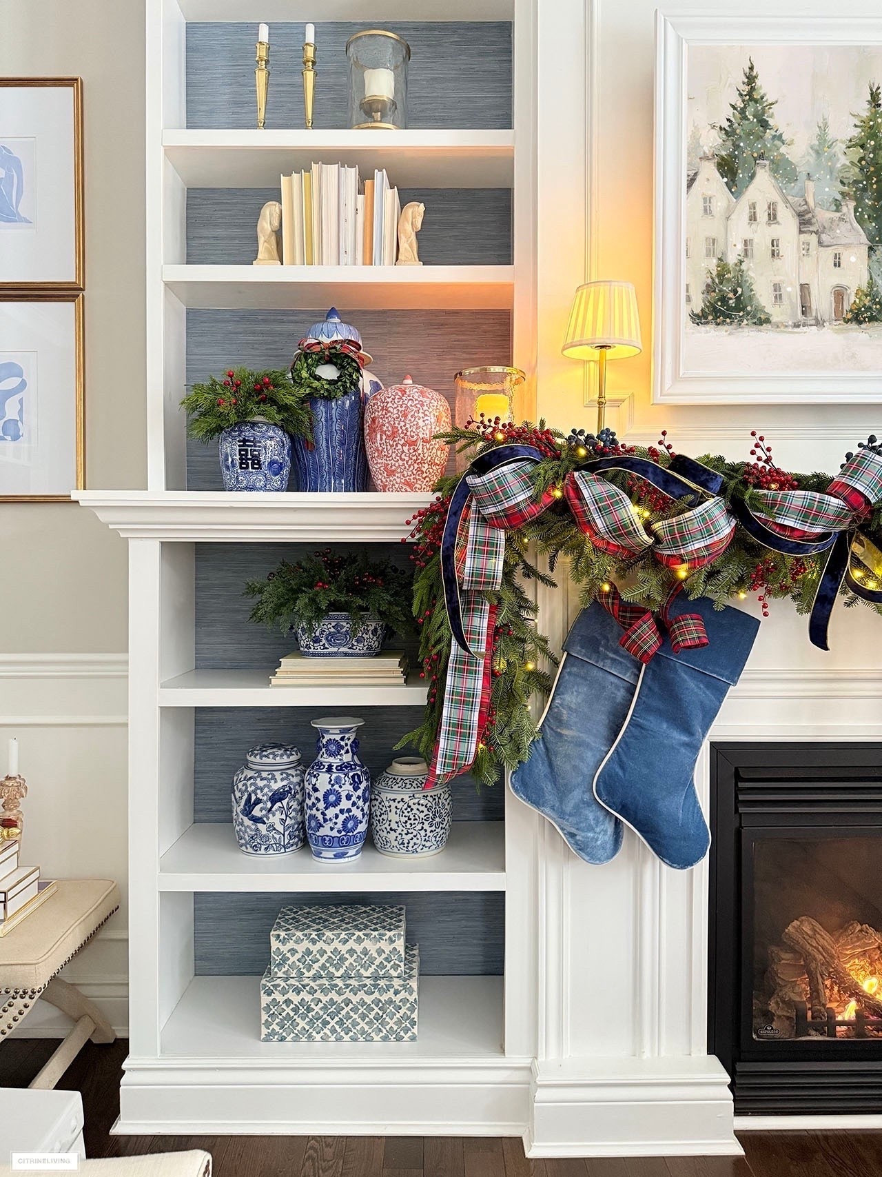 Classic Christmas bookshelves and mantel! Velvet stockings, layered plaid ribbon, believer ribbon and timeless chinoiserie is elegant and chic!

#LTKHoliday #LTKHome #LTKSeasonal