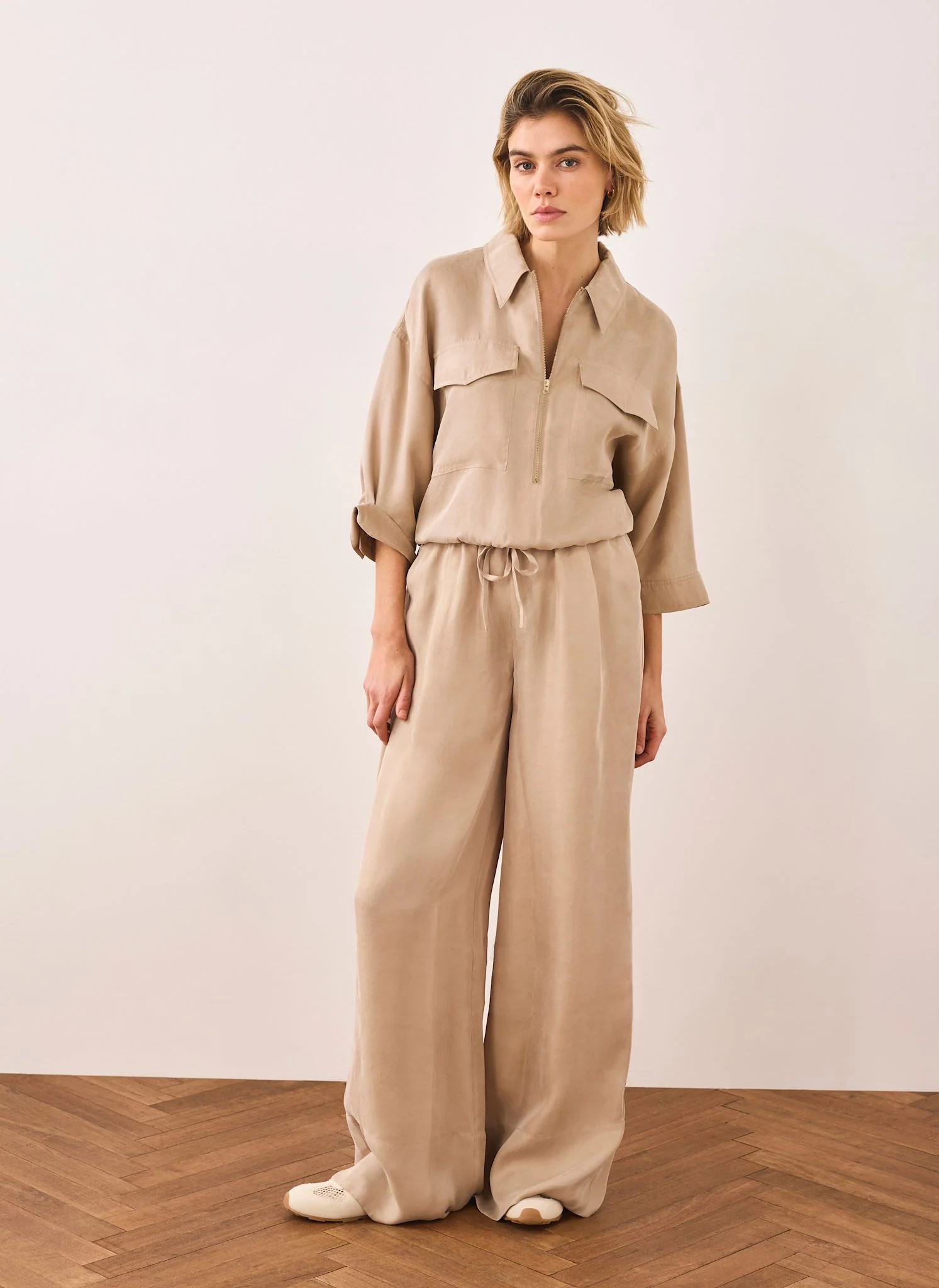 Neutral Drawstring Wide Leg Trousers | Mint Velvet