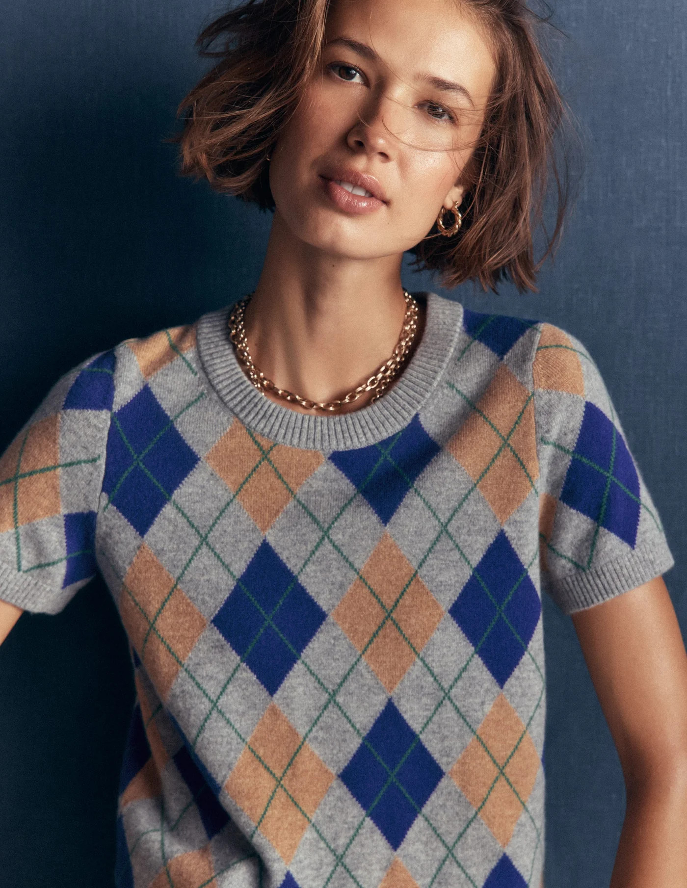 Elsie Cashmere Crew T-shirt-Grey, Argyle | Boden UK