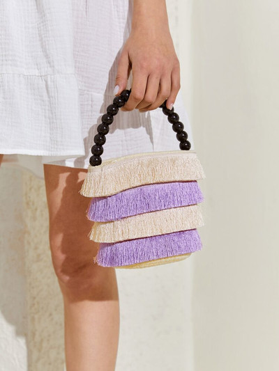 Colorblock Fringe Beaded Decor Drawstring Bucket Bag