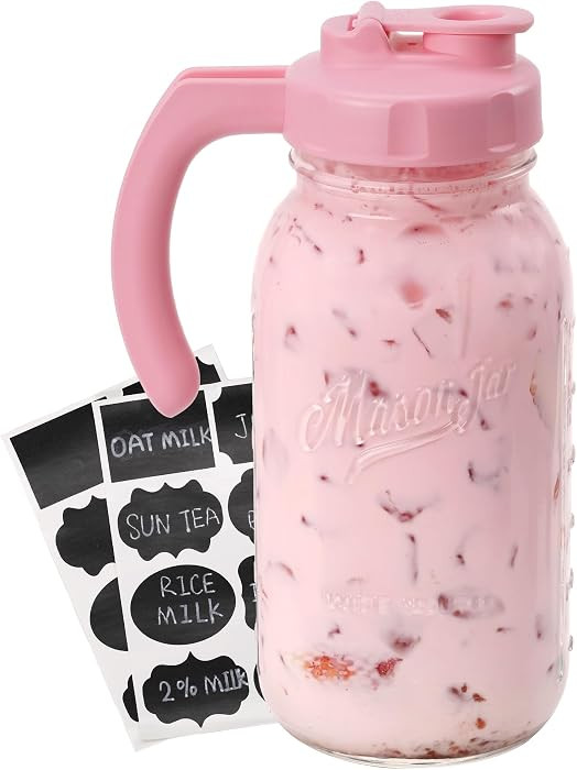 Soligt Glass Mason Jar Pitcher with Lid, Wide Mouth Flip Cap Pour Spout Leak-proof Lid with Handle, 64 oz (2 Quart / 1.9 Liter), for Iced Coffee/Sun Tea Juice/Cold Brew Coffee/Milk (1Pack, Taffy Pink) | Amazon (US)