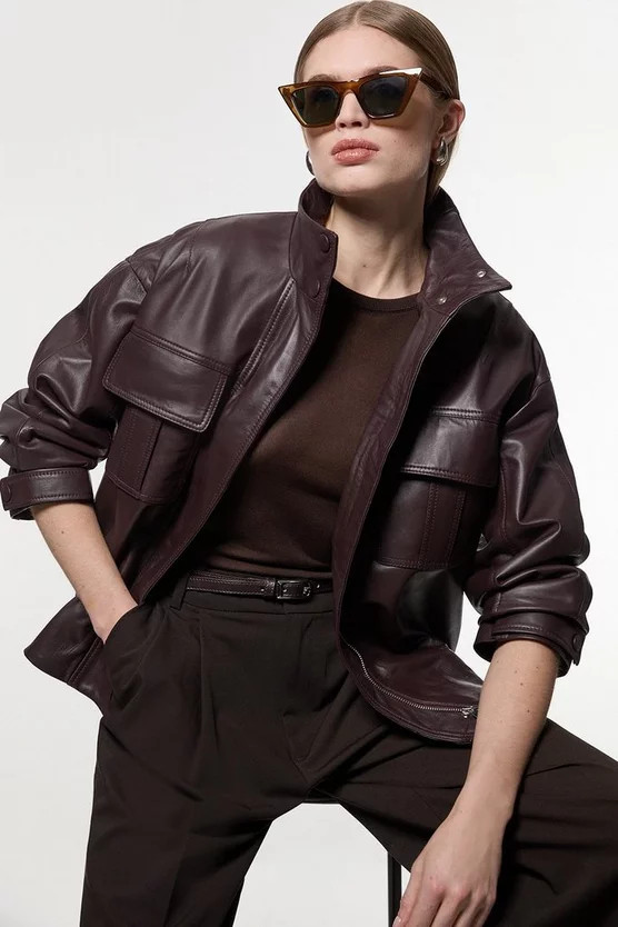 Leather Cargo Pocket Bomber Jacket | Karen Millen UK + IE + DE + NL