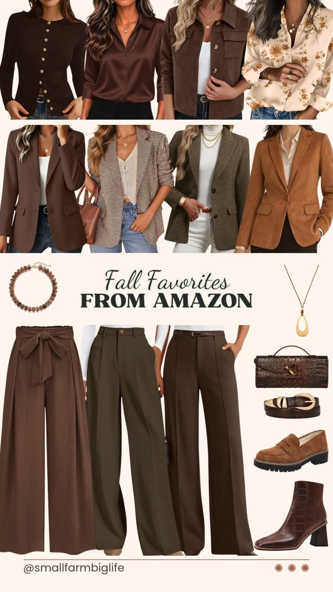 These fall favorites from Amazon are all in the richest brown tones, and this collection leans heavily into business casual workwear essentials.

Starting with blazers, the coffee brown lightweight Blazer and the light brown Cicy Bell Faux Suede Blazer are both easy office staples, while the brown black and cream ZESICA Houndstooth Blazer and the brown tweed ELLEVEN Herringbone Blazer bring such a polished, seasonal texture. The brown with gold buttons PRETTYGARDEN Cardigan is a softer layering option for the office or a casual day out.

For bottoms, the brown PRETTYGARDEN Palazzo Wide Leg Pants, the coffee brown PRETTYGARDEN Tailored Wide Leg Pants, and the chocolate brown LILLUSORY High Waisted Dress Pants are all such versatile pieces to build a capsule wardrobe around for business casual workwear.

On the blouse side, the coffee brown Zeagoo Satin Button Down and the champagne and brown floral Zeagoo Satin Blouse both have such a dressy, silky feel perfect for the office. Rounding out the tops, the brown Zeagoo Faux Suede Cropped Shacket is a great transitional layer for cooler days.

For shoes and accessories, the brown crocodile Ankle Booties and the light brown suede Platform Penny Loafers are both great business casual workwear shoe options, and the brown crocodile Leather Belt and Crocodile Evening Clutch add polish to any outfit. The brushed gold Teardrop Pendant Necklace and the chocolate brown Chunky Beaded Necklace round things out with a little extra detail.

So many rich brown pieces to build easy autumn outfits around this season, all linked for you.

#amazonfashion #fallfashion #falloutfits #businesscasual #autumnoutfits 

 #LTKootd #LTKOver40 #LTKWorkwear