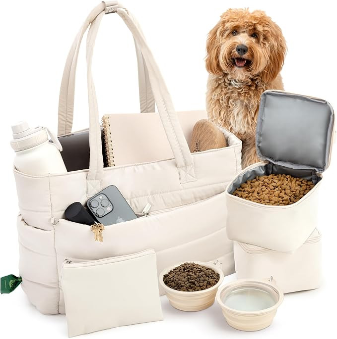 Puffer Dog Travel Bag for Dog Moms – Doggy Diaper Bag with Pet Bowls & Food Storage or Everyday... | Amazon (US)