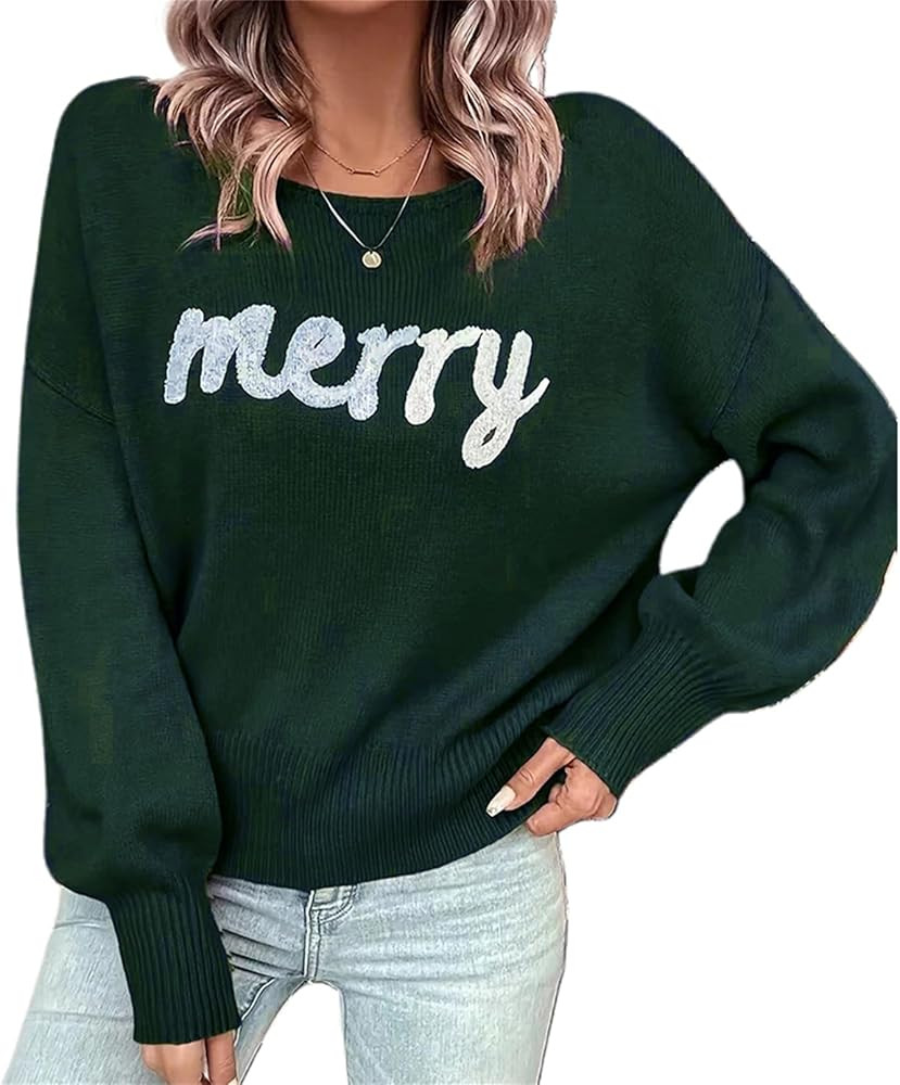 Women Cute Christmas Sweater Merry Letter Print Long Sleeve Crew Neck Knit Pullover Tops Casual X... | Amazon (US)