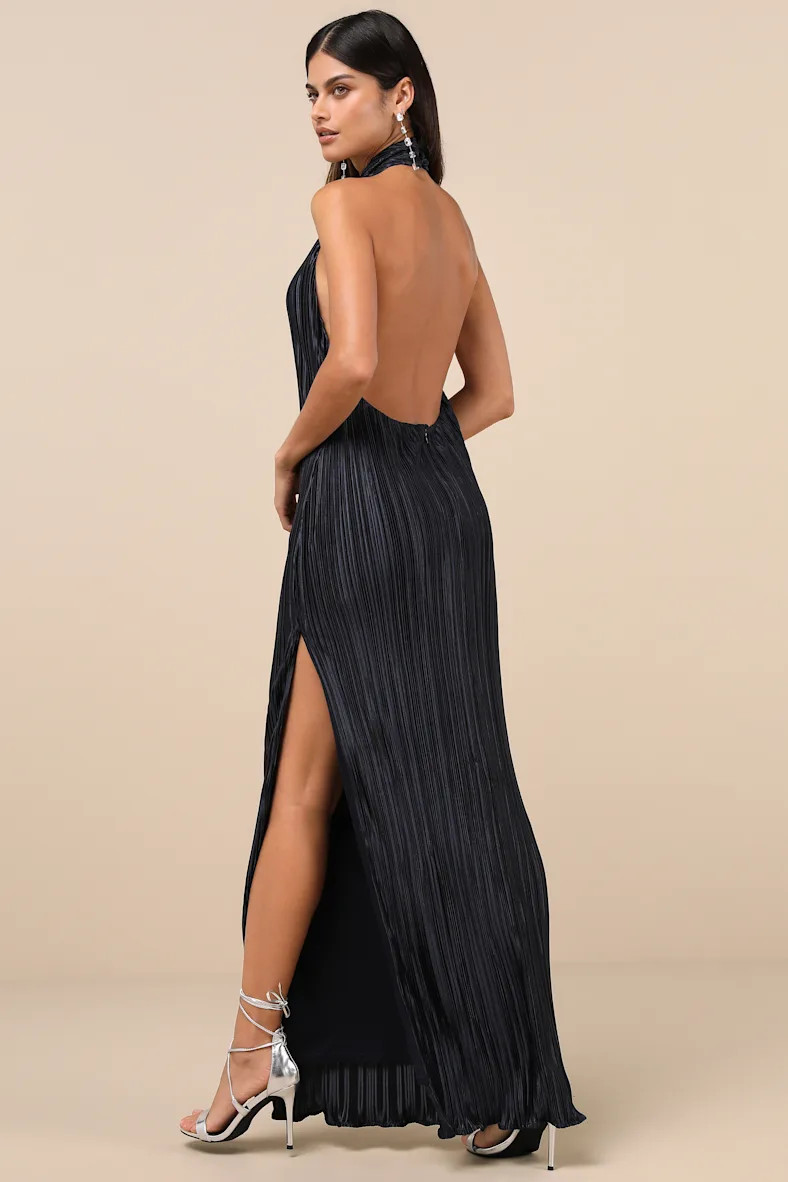 Gwenny Dark Navy Satin Plisse Maxi Dress | Lulus