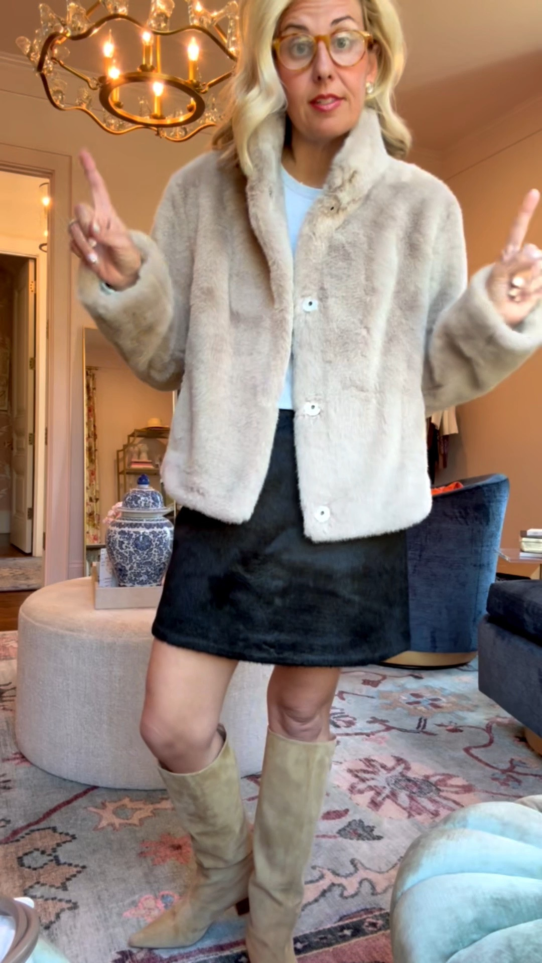 This faux fur by Velvet is gorgeous! 
Tee - xs
Jacket - small
Skirt - small 
Boots - 8 tts

CODES:
*Lilla P - LPCM15
*Allie + Bess - Catherine20