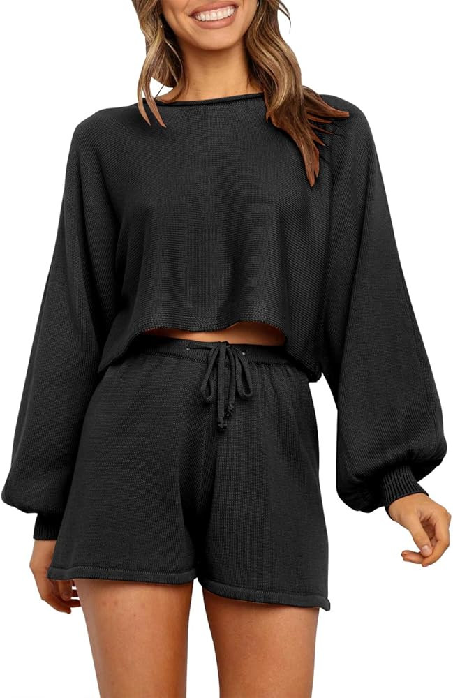 ZESICA Women's Casual Long Sleeve Solid Color Knit Pullover Sweatsuit 2 Piece Short Sweater Outfits Sets,Black,Large | Amazon (US)