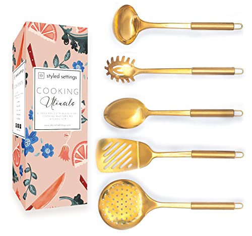 Brass/Gold Cooking Utensils for Modern Cooking and Serving, Gold Utensils - Stainless Steel Cooki... | Amazon (US)