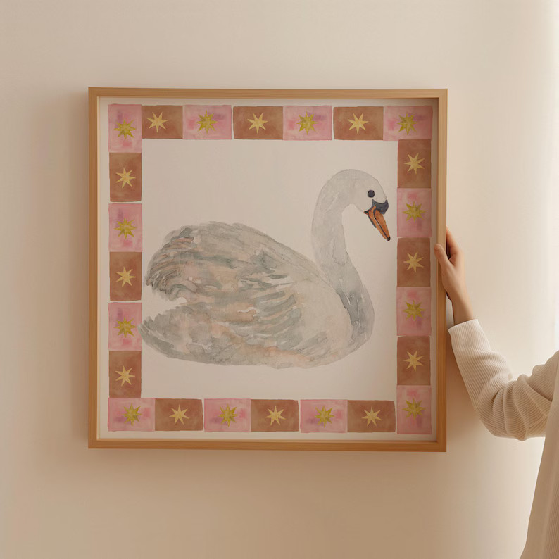 Retro Celestial Swan Square Print, INSTANT Digital Downloadable Wall Art, Trendy Decor, Illustrat... | Etsy (US)