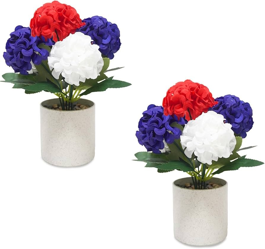4th of July Decorations Small Fake Plants Patriotic Artificial Mums Mini Potted Plants Desk Plant... | Amazon (US)