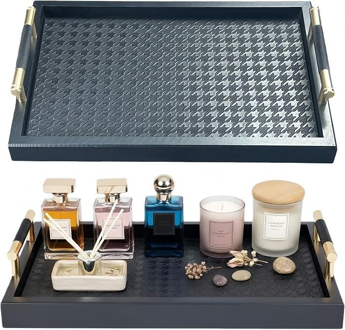 Bamboo Vanity Tray for Dresser -13.4"x8.7" Cologne Tray with Handles, Black Gold Trinket Tray for... | Amazon (US)