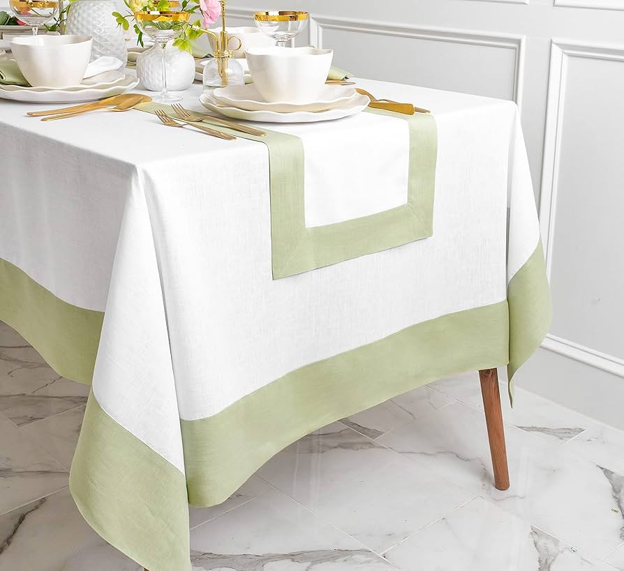 Solino Home Linen Tablecloth Sage Green and White – 100% Pure Linen 60 x 108 Inch Tablecloth fo... | Amazon (US)